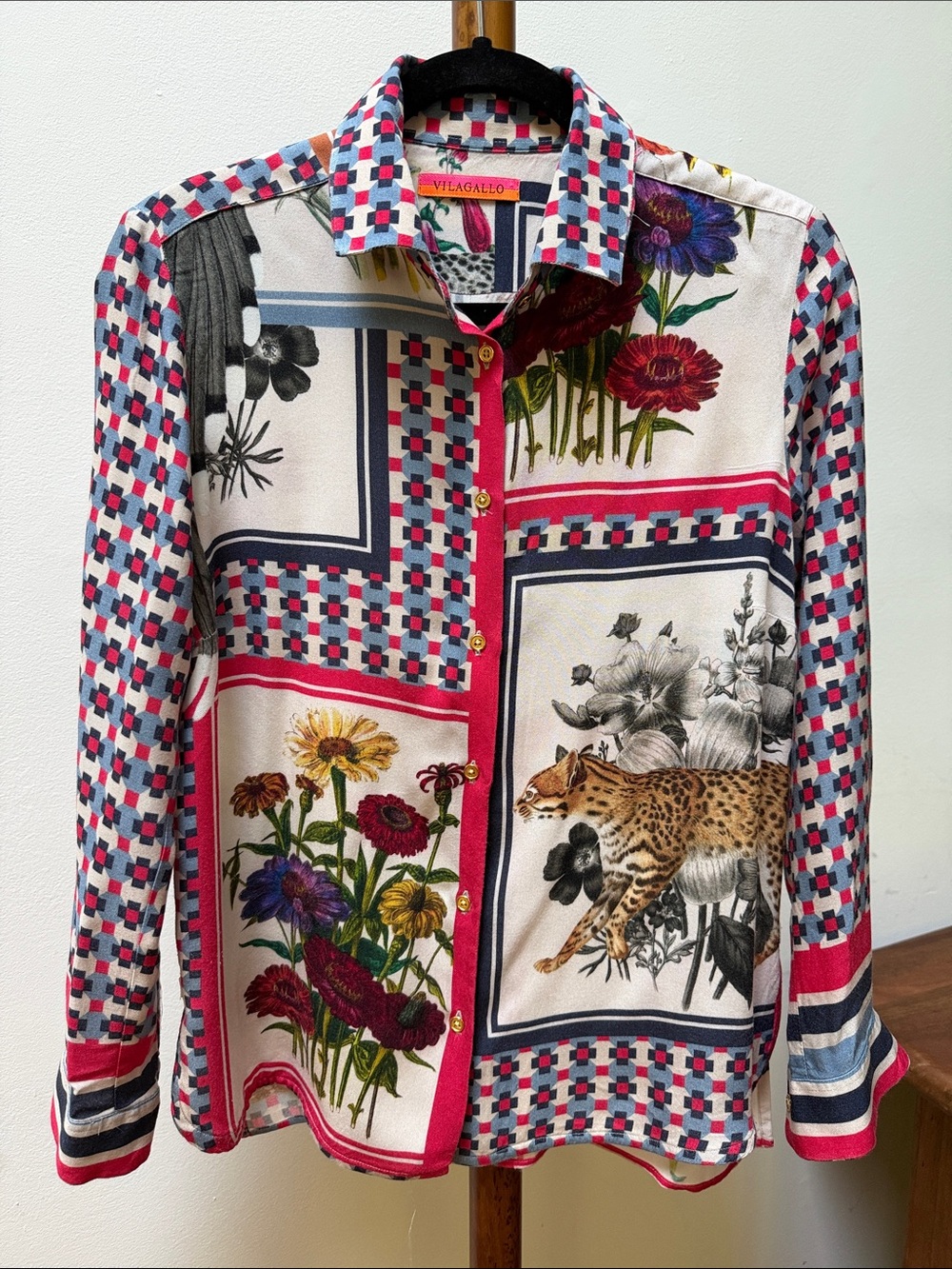 Vilagallo Multicolor Floral & Leopard Panel Button-Down Shirt S